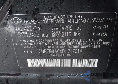 2013 Hyundai Sonata Gls z USA, uszkodzony, nr VIN 5NPEB4ACXDH717014